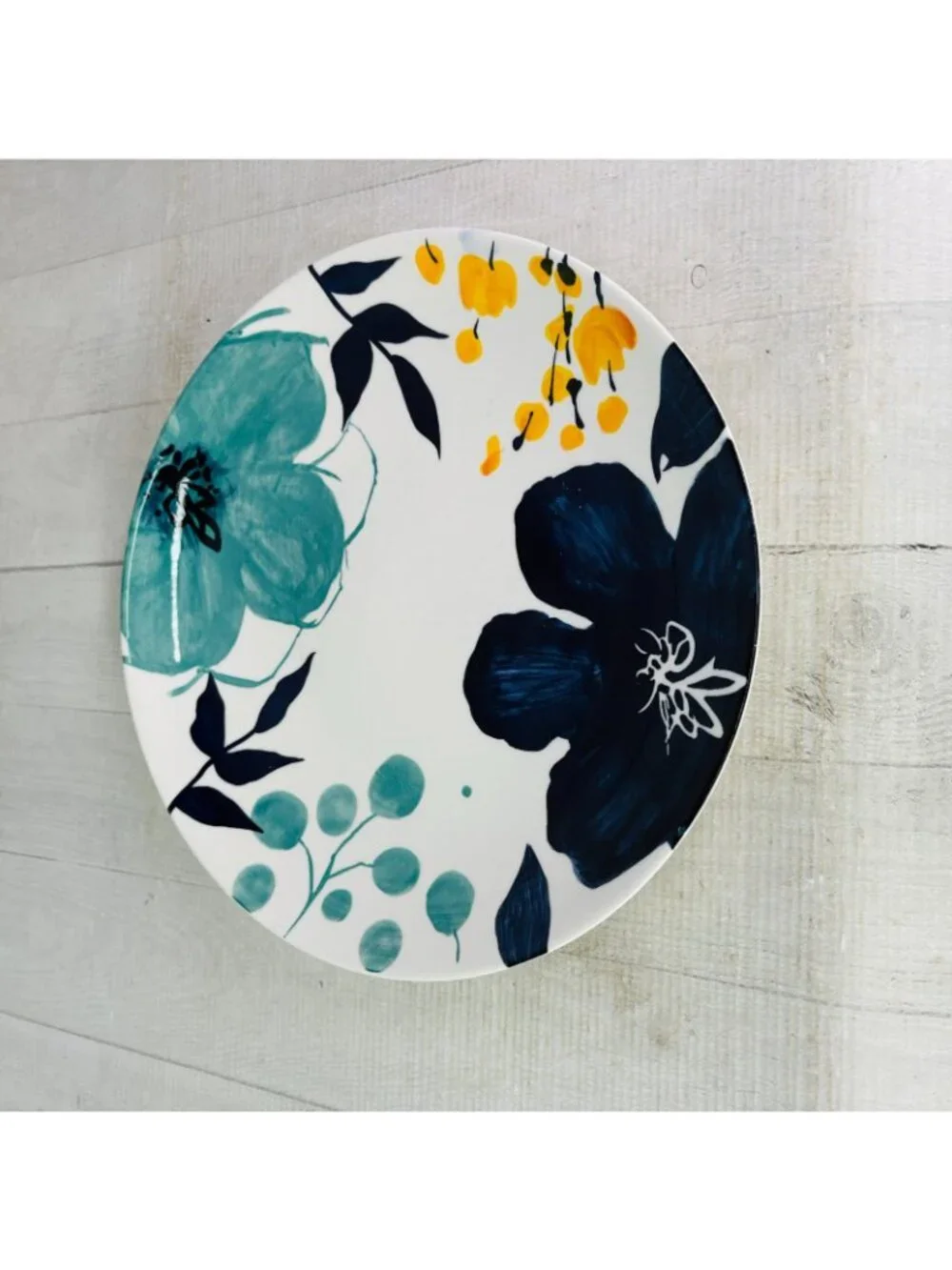Baum Brothers BELLA FLORAL Indigo Turquoise Yellow Floral Dinner Plates Set of 4